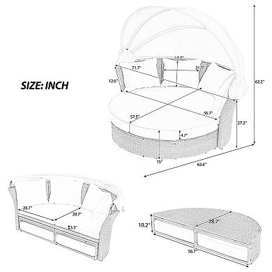 Trikiousd Outdoor Patio Daybed Wicker Rattan Round Sofa Set with Retractable Canopy & 4 Pillows