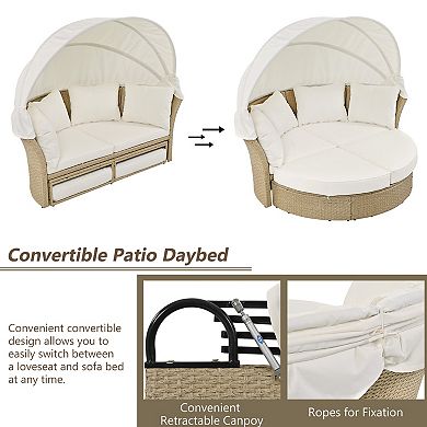 Trikiousd Outdoor Patio Daybed Wicker Rattan Round Sofa Set with Retractable Canopy & 4 Pillows