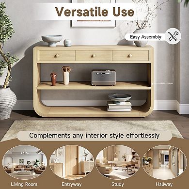 Trikiousd Modern Curved Console Table Entryway Table with 3 Drawers & Open Shelves