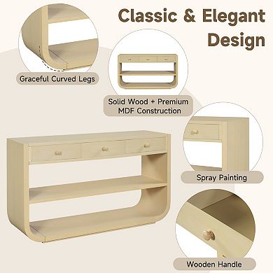 Trikiousd Modern Curved Console Table Entryway Table with 3 Drawers & Open Shelves