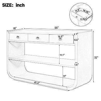 Trikiousd Modern Curved Console Table Entryway Table with 3 Drawers & Open Shelves