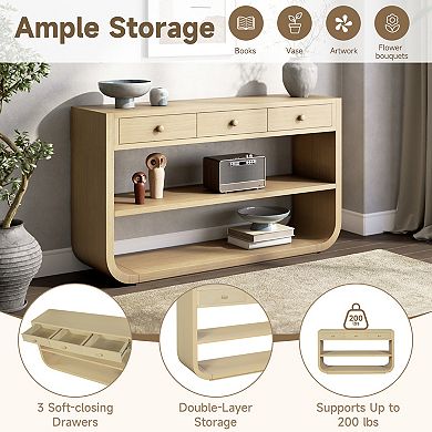 Trikiousd Modern Curved Console Table Entryway Table with 3 Drawers & Open Shelves