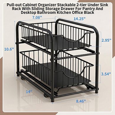 Stackable 2-Tier Sliding Cabinet Organizer Under Sink Rack Large Capacity Adjustable for Kitchen