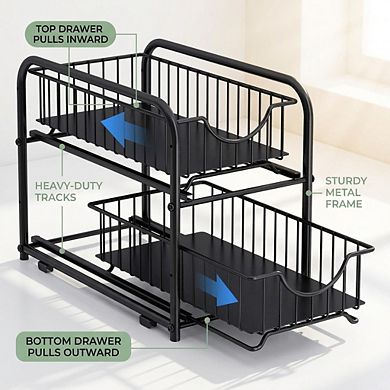 Stackable 2-Tier Sliding Cabinet Organizer Under Sink Rack Large Capacity Adjustable for Kitchen