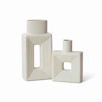 White Ceramic Vase Set (2) Hollow Geometric Rustic Home Decor Minimalist Nordic Boho for Living Room