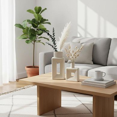 White Ceramic Vase Set (2) Hollow Geometric Rustic Home Decor Minimalist Nordic Boho for Living Room