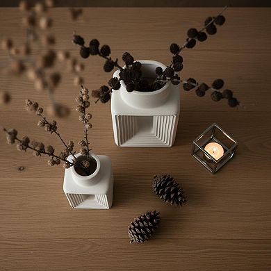 White Ceramic Vase Set (2) Hollow Geometric Rustic Home Decor Minimalist Nordic Boho for Living Room