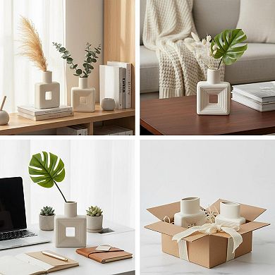 White Ceramic Vase Set (2) Hollow Geometric Rustic Home Decor Minimalist Nordic Boho for Living Room