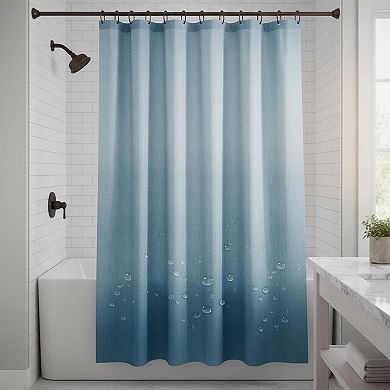 Ombre Blue 3D Embossed Textured Fabric Shower Curtain Set With Hooks