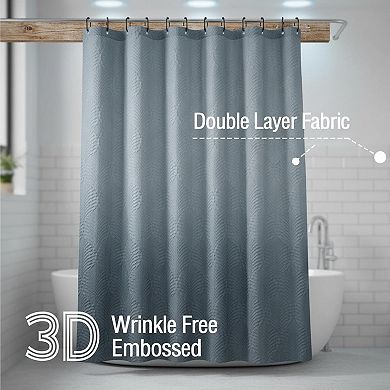 Ombre Blue 3D Embossed Textured Fabric Shower Curtain Set With Hooks