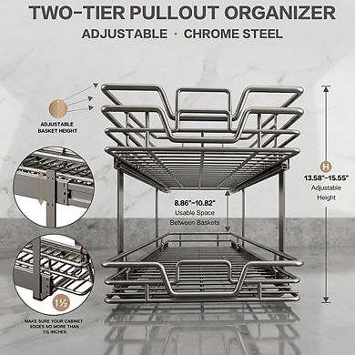 Two-Tier Pullout Organizer Adjustable Chrome Steel Storage Solution