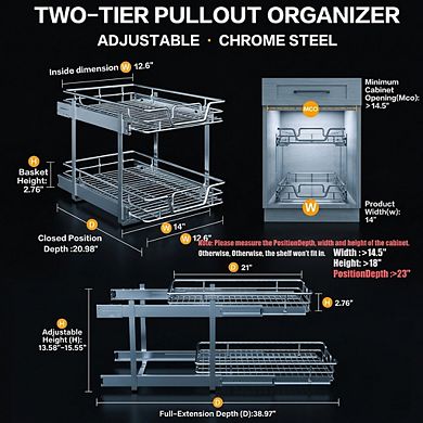 Two-Tier Pullout Organizer Adjustable Chrome Steel Storage Solution