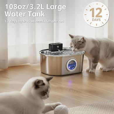 Wireless Stainless Steel Cat Water Fountain Motion Sensor Quiet Pump 3.2L Rechargeable Dispenser