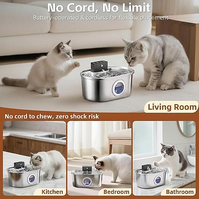 Wireless Stainless Steel Cat Water Fountain Motion Sensor Quiet Pump 3.2L Rechargeable Dispenser