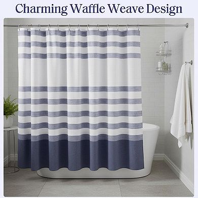 Shower Curtain Waffle Weave Striped Pieced Fabric Water Repellent Spa Quality Modern