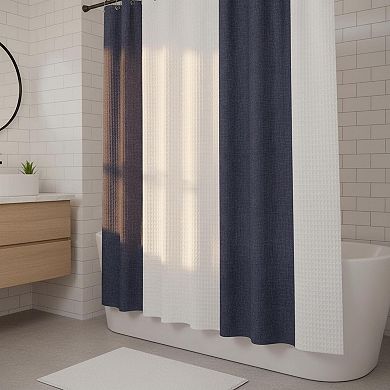 Shower Curtain Waffle Weave Striped Pieced Fabric Water Repellent Spa Quality Modern