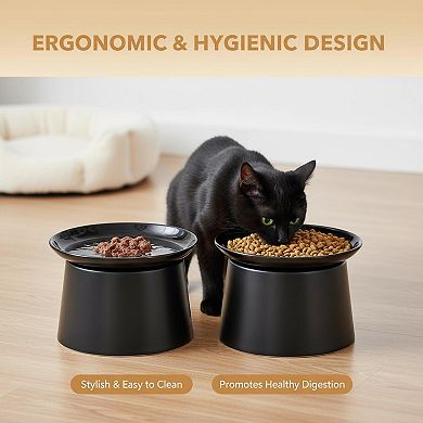 Elevated Cat Ceramic Food Bowl Whisker Friendly Two Heights Stand Anti-slip Raised Plates