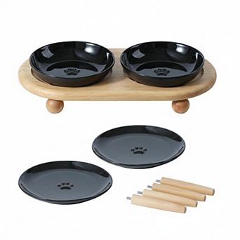 Elevated Cat Ceramic Food Bowl Whisker Friendly Two Heights Stand Anti-slip Raised Plates