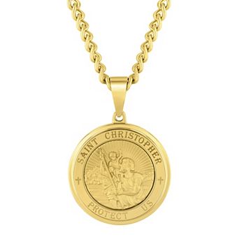 Steel Nation Men's Gold Tone Stainless Steel Saint Christopher Medal Pendant Necklace