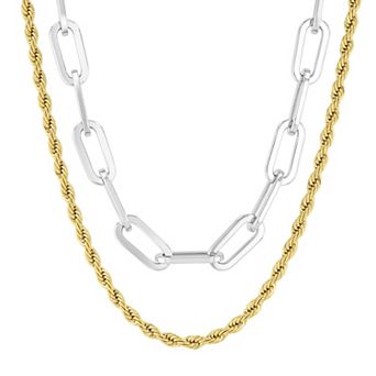Steel Nation Men's Two Tone Stainless Steel 2 pc Rope Chain & Paperclip Chain Set