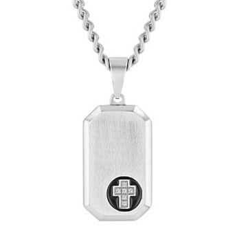 Steel Nation Men's Stainless Steel Diamond Accent Cross Dog Tag Pendant Necklace