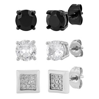 Steel Nation Men's Stainless Steel Crystal 3-Pair Stud Earring Set