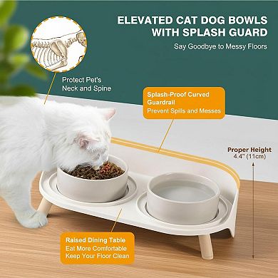 Raised Cat Food Water Bowl Set Elevated Ceramic Dishes Non-slip Stand Splash Guard 480ml