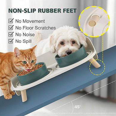 Raised Cat Food Water Bowl Set Elevated Ceramic Dishes Non-slip Stand Splash Guard 480ml
