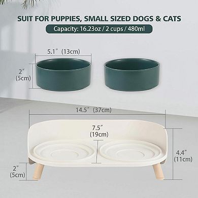 Raised Cat Food Water Bowl Set Elevated Ceramic Dishes Non-slip Stand Splash Guard 480ml