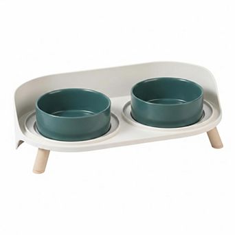Raised Cat Food Water Bowl Set Elevated Ceramic Dishes Non-slip Stand Splash Guard 480ml