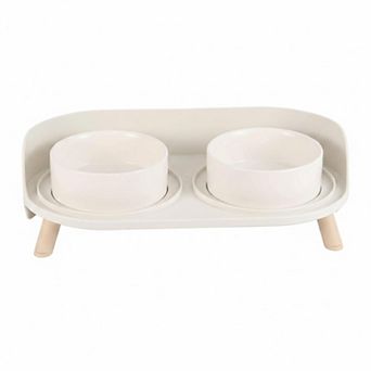 Raised Cat Food Water Bowl Set Elevated Ceramic Dishes Non-slip Stand Splash Guard 480ml