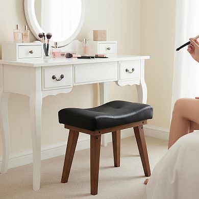 Solid Wood Vanity Stool U-shaped Saddle Seat Linen Cushion Rubberwood Frame 300lbs Support