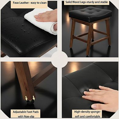 Solid Wood Vanity Stool U-shaped Saddle Seat Linen Cushion Rubberwood Frame 300lbs Support