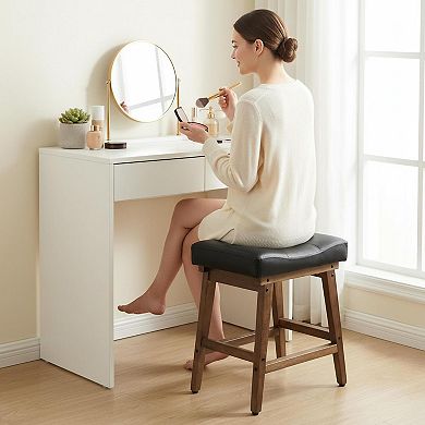 Solid Wood Vanity Stool U-shaped Saddle Seat Linen Cushion Rubberwood Frame 300lbs Support