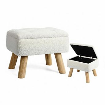 Storage Ottoman Small Foot Stool Boucle Teddy Padded Seat Sturdy Wood Living Room Bedroom Couch