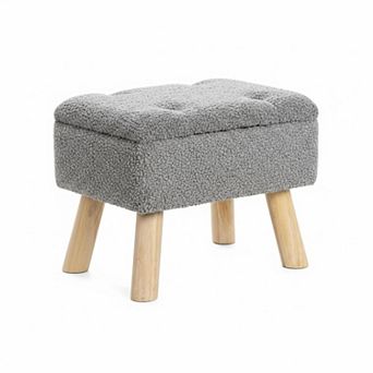 Storage Ottoman Small Foot Stool Boucle Teddy Padded Seat Sturdy Wood Living Room Bedroom Couch