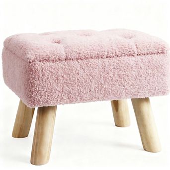 Storage Ottoman Small Foot Stool Boucle Teddy Padded Seat Sturdy Wood Living Room Bedroom Couch