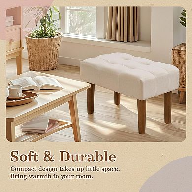 Small Linen Foot Rest Ottoman Wooden Legs MultiPurpose Comfortable Stool