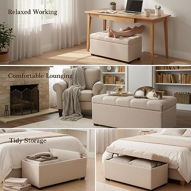 Small Linen Foot Rest Ottoman Wooden Legs MultiPurpose Comfortable Stool