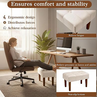 Small Linen Foot Rest Ottoman Wooden Legs MultiPurpose Comfortable Stool