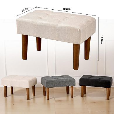 Small Linen Foot Rest Ottoman Wooden Legs MultiPurpose Comfortable Stool