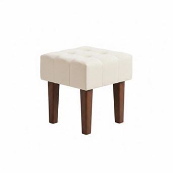 Small Linen Foot Rest Ottoman Wooden Legs MultiPurpose Comfortable Stool