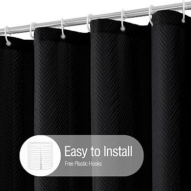 White 3D Embossed Herringbone Fabric Shower Curtain Set with Hooks