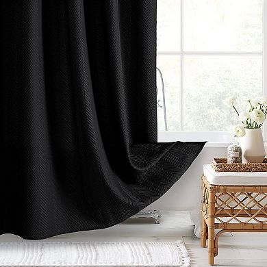 White 3D Embossed Herringbone Fabric Shower Curtain Set with Hooks