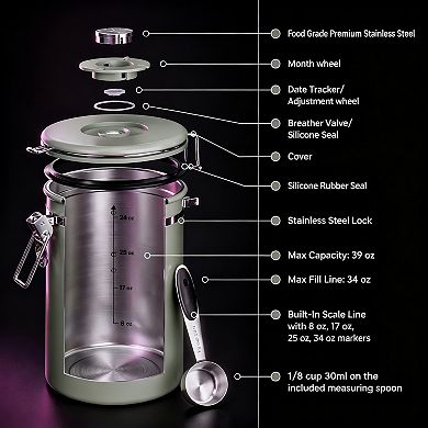 Stainless Steel Airtight Coffee Canister with Date Tracker Scoop for Beans Ground Sugar Tea Storage