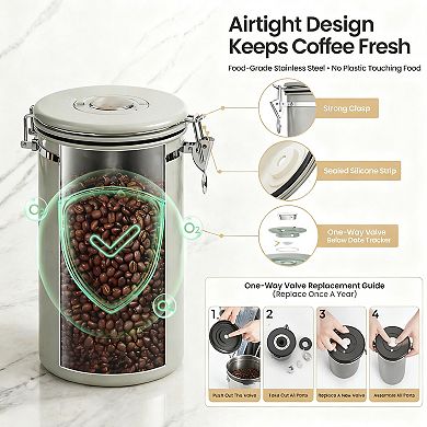 Stainless Steel Airtight Coffee Canister with Date Tracker Scoop for Beans Ground Sugar Tea Storage