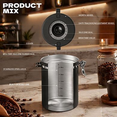 Stainless Steel Coffee Canister Airtight Lid Window Scoop Date Tracker Food Storage
