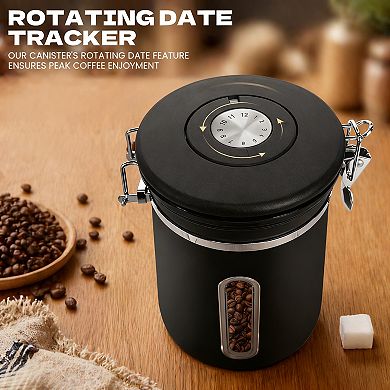 Stainless Steel Coffee Canister Airtight Lid Window Scoop Date Tracker Food Storage