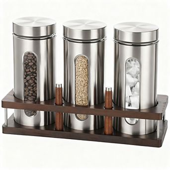 Stainless Steel Glass Coffee Canisters Set 3x50oz Airtight Lid Scoop Rack Food Storage