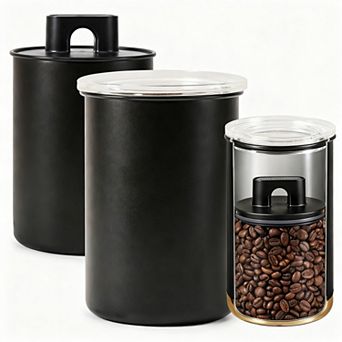 Vacuum Coffee Canister Airtight Dual Seal Stainless Steel with Scoop Label for Beans Grounds Food